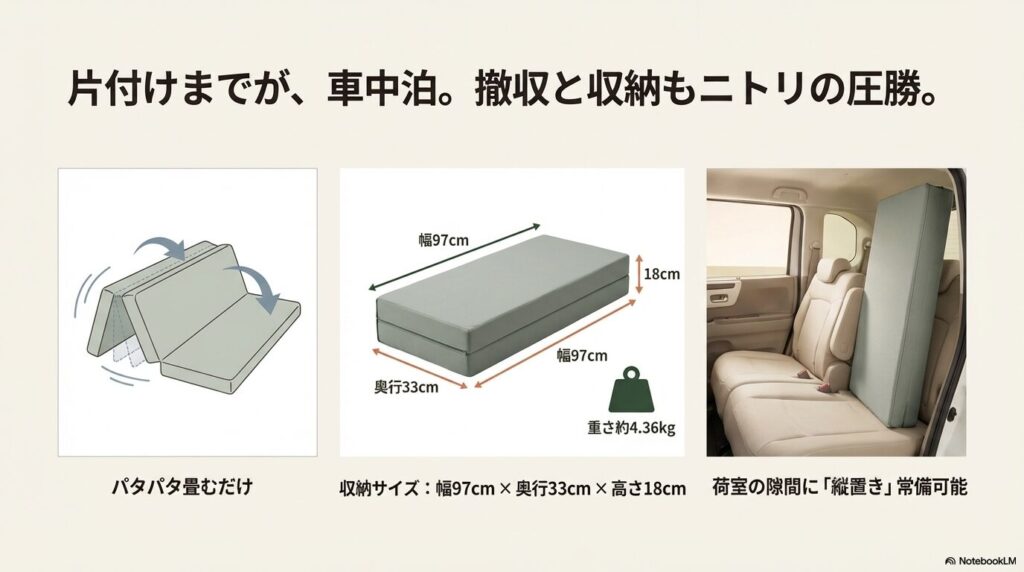 畳むとコンパクトになる6つ折りマットをN-BOXの荷室に縦置き収納している図
