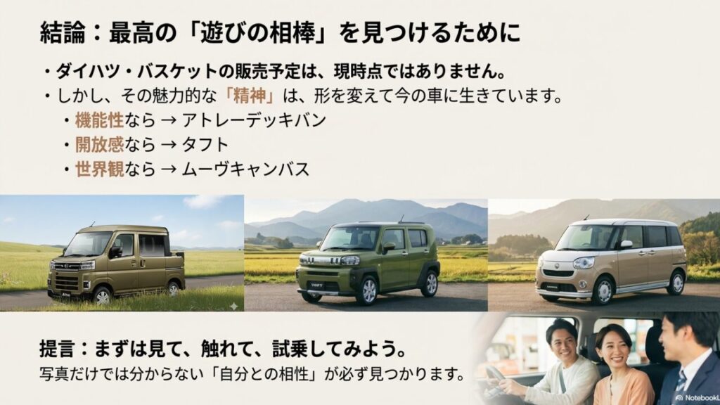 結論としてバスケットの予定はないが、精神を受け継ぐ現行車を紹介し、試乗を提言するまとめスライド。