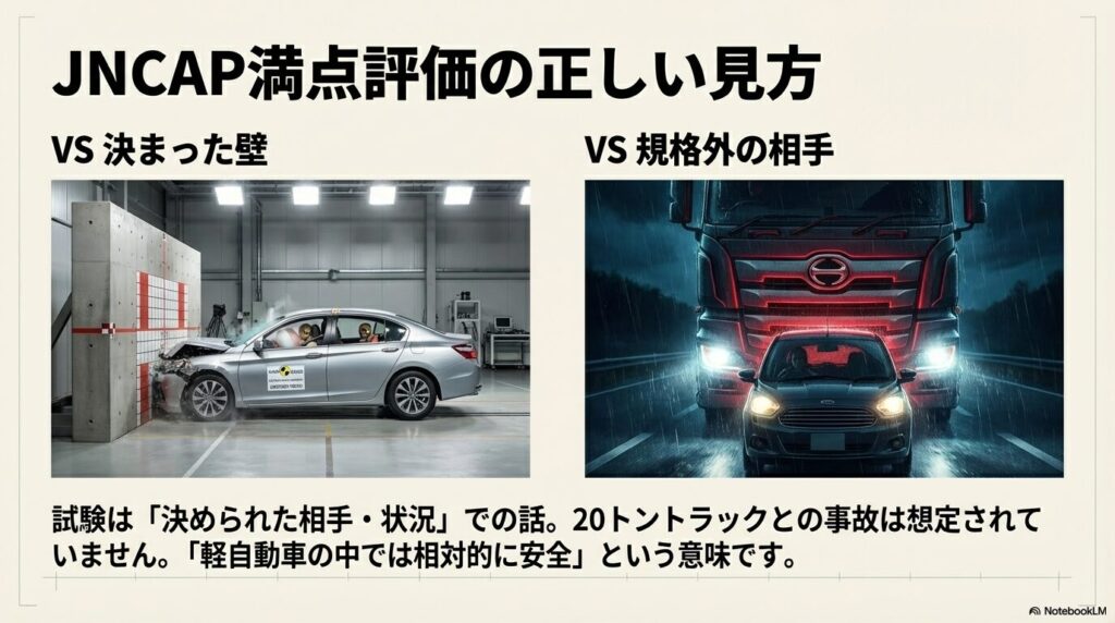 JNCAP衝突試験の壁と現実のトラック事故の違い・想定外の相手