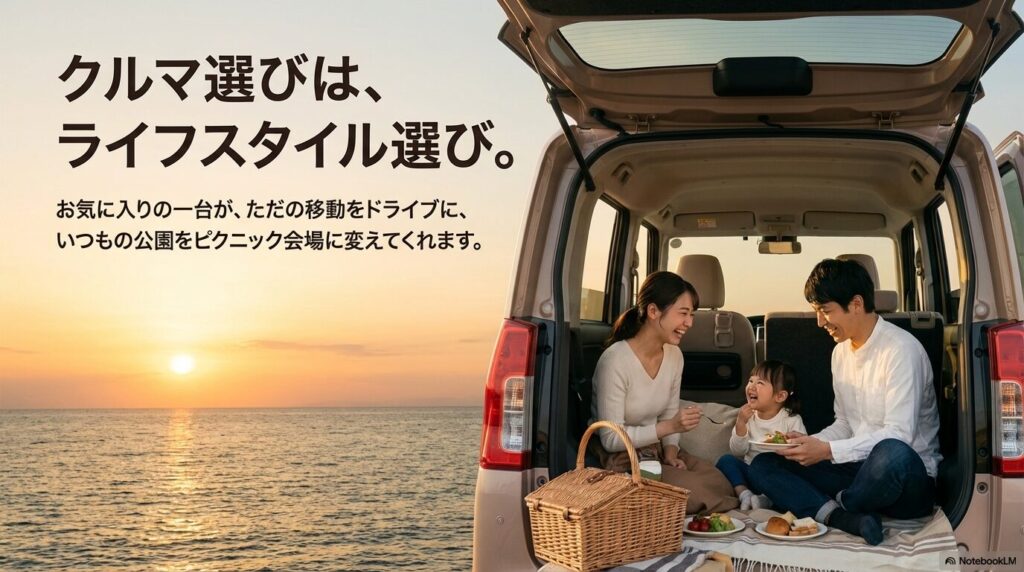 「クルマ選びは、ライフスタイル選び。」というメッセージが書かれた、記事のまとめスライド