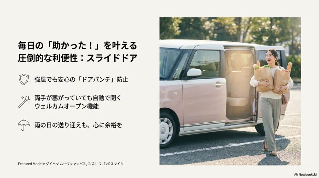 買い物袋を抱えた女性がスライドドアの横に立つ写真と、ドアパンチ防止やウェルカムオープン機能のメリットを解説するスライド