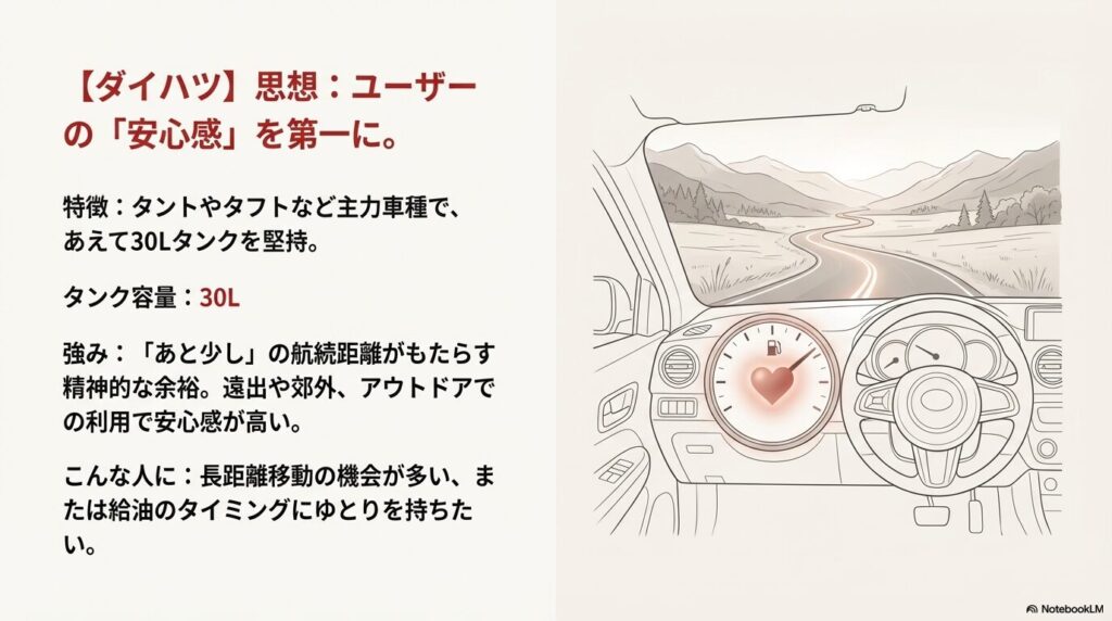 ダイハツのタント等は燃料タンクの容量30リットルを維持