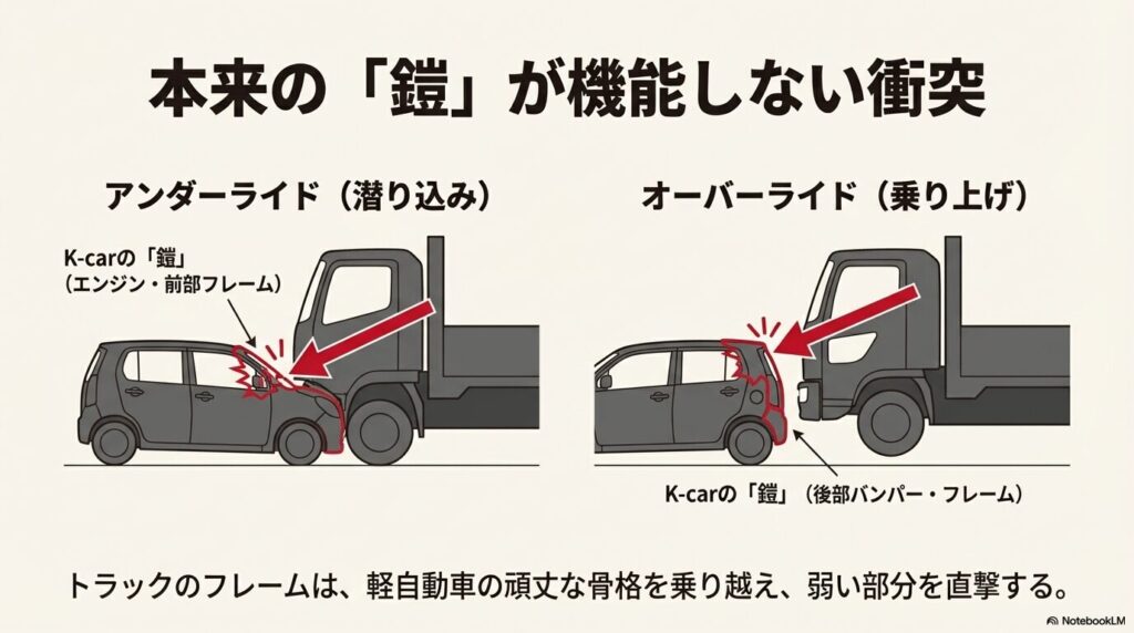 トラックへの潜り込み（アンダーライド）と乗り上げ（オーバーライド）の図解