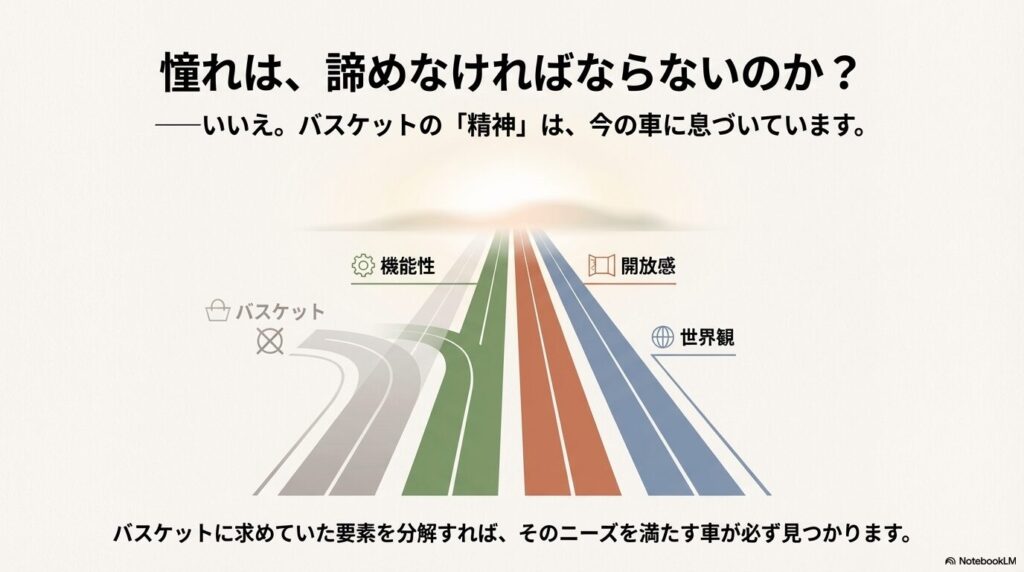バスケットに求めていた「機能性」「開放感」「世界観」というニーズを満たす現行車への分岐を示す概念図。