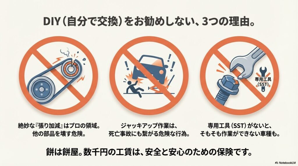 専用工具の必要性や張り加減の難しさ、ジャッキアップ作業の危険性など、自分での交換に伴うリスクの警告