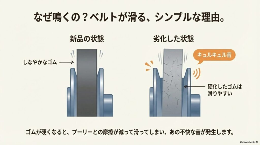 新品のしなやかなゴムと、硬化・劣化して滑りやすくなったベルトがキュルキュル音を出す仕組みの対比図。