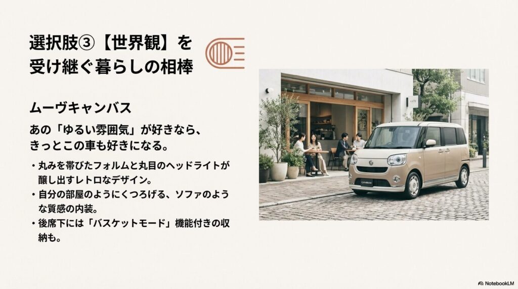 レトロなフォルムと丸目のヘッドライト、バスケットモード機能付きの収納を持つムーヴキャンバスの魅力を解説するスライド。