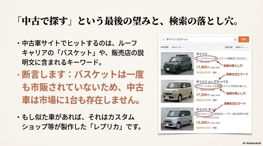 中古車サイトで検索しても、ルーフキャリアや他車種のキーワードがヒットするだけで、実車は存在しないことを解説するスライド。