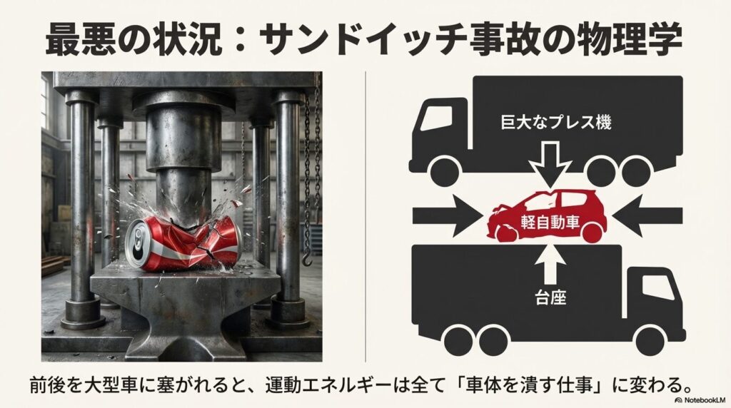 巨大なプレス機で潰れる空き缶・サンドイッチ事故の物理的メカニズム