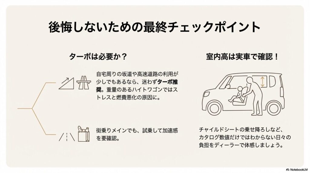 ターボの必要性や実車での室内高確認など、購入前にディーラーで確認すべき点をまとめたスライド