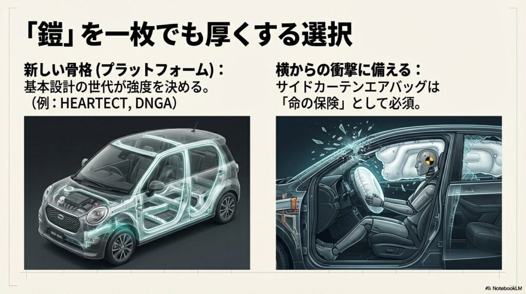 新しい骨格プラットフォームとサイドカーテンエアバッグの構造図