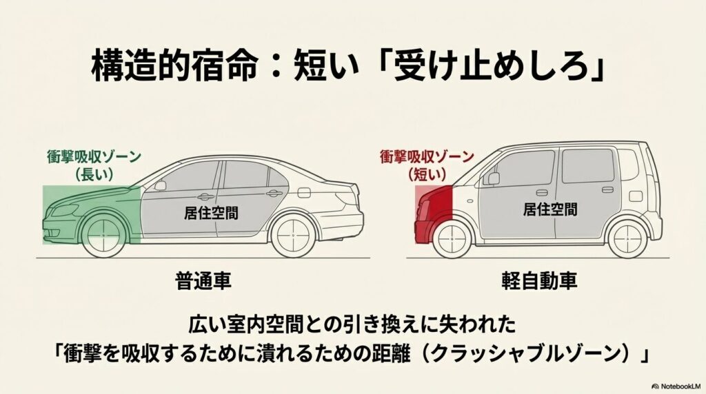 普通車と軽自動車の衝撃吸収ゾーン（クラッシャブルゾーン）の長さ比較