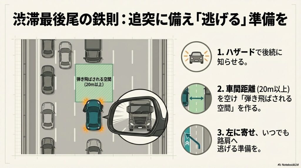 渋滞最後尾で追突された際に弾き飛ばされる空間を確保するテクニック