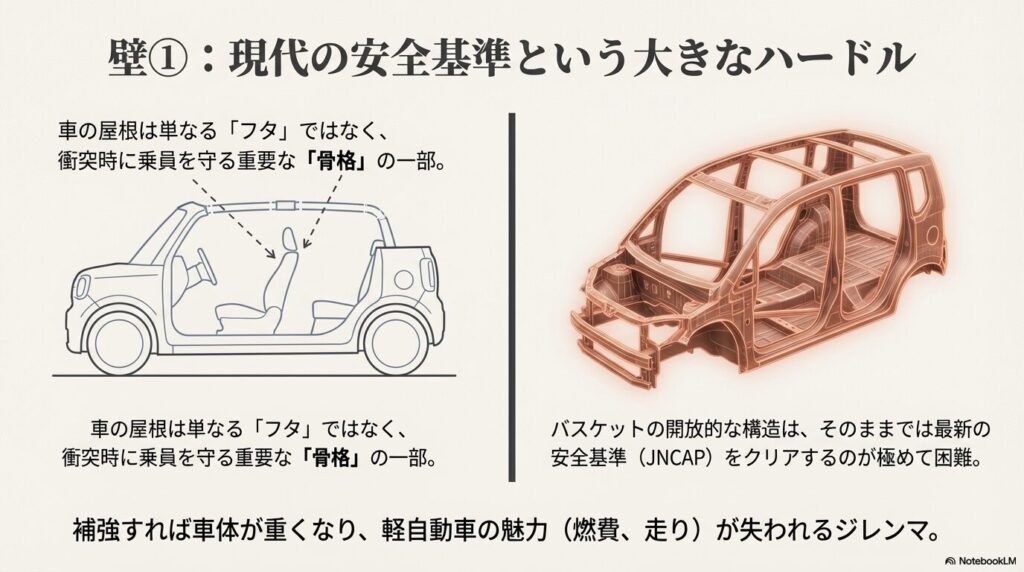 車の屋根が重要な骨格の一部であることを示し、バスケットの構造では最新の安全基準JNCAPをクリアするのが困難であると説明するスライド。