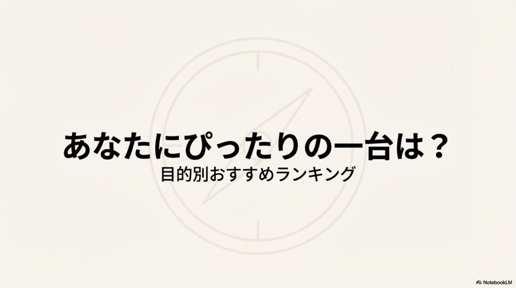 目的別おすすめランキングの開始を告げるシンプルな導入スライド
