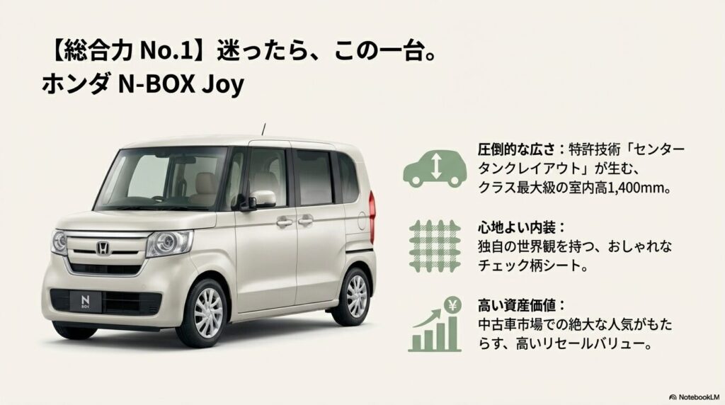 N-BOX Joyの室内高1,400mmやリセールバリューの高さなど、総合力No.1の理由をまとめたスライド