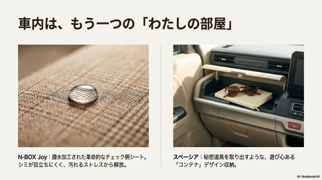 ホンダ N-BOX Joyのチェック柄シートと、スズキ スペーシアのコンテナ風収納のデザインを紹介するスライド

