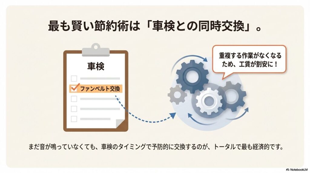 車検と同時にベルト交換を行うことで、重複する作業工程が省かれ工賃が割安になる仕組みの図解。