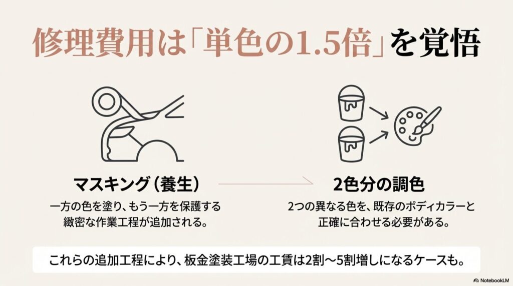 境界線を保護する「マスキング」や、2色分の色合わせが必要なため、工賃が割高になります。