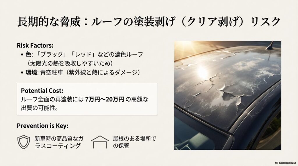 特に濃色のルーフは熱を吸収しやすく、青空駐車では数年でこのような劣化が始まることもあります。