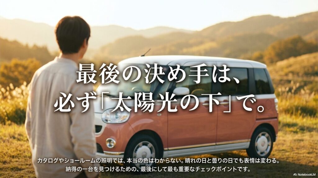 カタログやスマホ画面だけで決めるのは危険です。必ず屋外で確認しましょう。