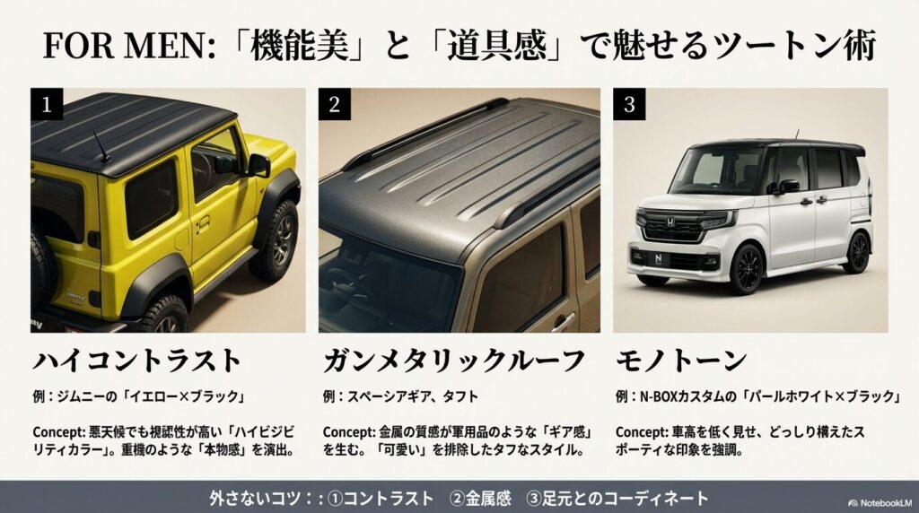 男性には「可愛い」よりも「タフ」や「スポーティ」を強調するルーフカラーが人気です