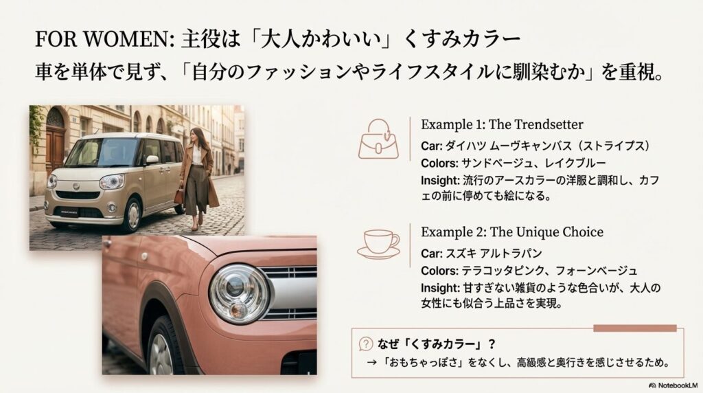 車をファッションの一部として捉える女性には、肌馴染みの良いニュアンスカラーが選ばれています。