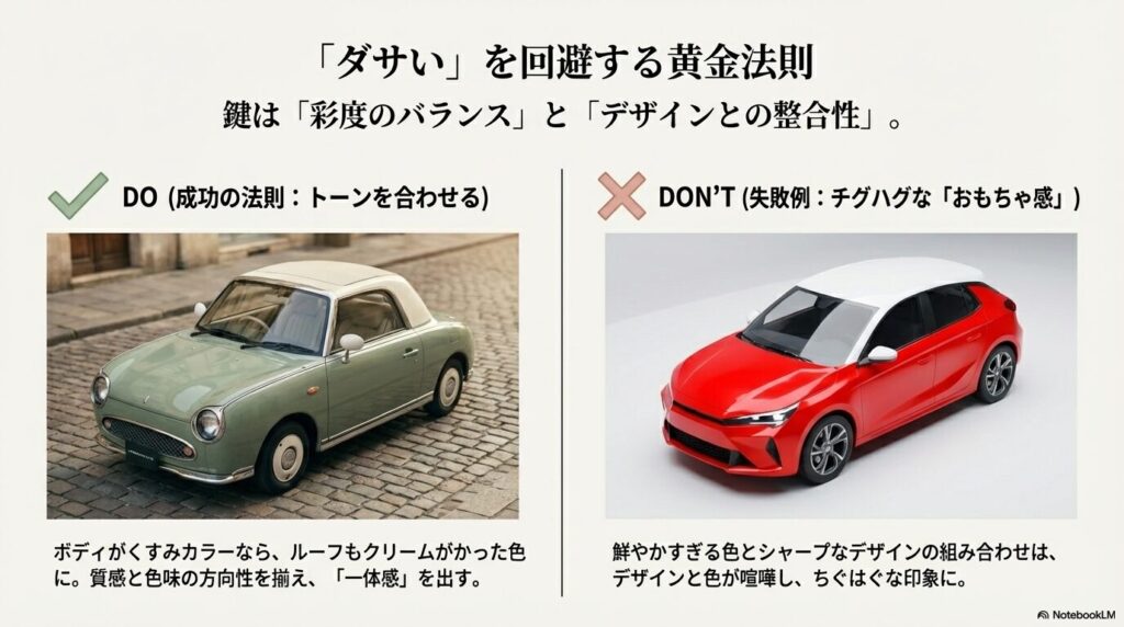 左のようにトーンを揃えると高級感が出ますが、右のように彩度が高すぎるとおもちゃっぽくなるリスクがあります。