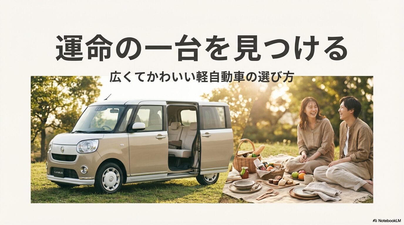 公園でピクニックを楽しむカップルと、ベージュとホワイトのツートンカラーがかわいい軽自動車（ムーヴキャンバス）のスライド