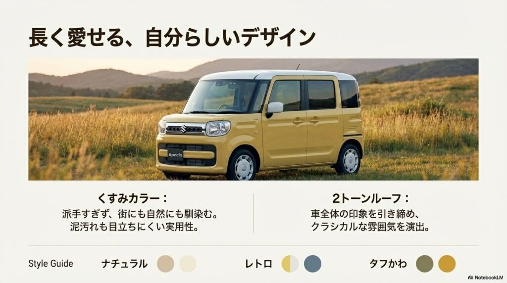 草原に立つイエローのスペーシアと、くすみカラーや2トーンルーフの実用性と演出効果を解説するスライド