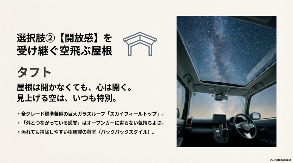 タフト全グレード標準装備の巨大ガラスルーフ「スカイフィールトップ」による開放感をアピールするスライド。