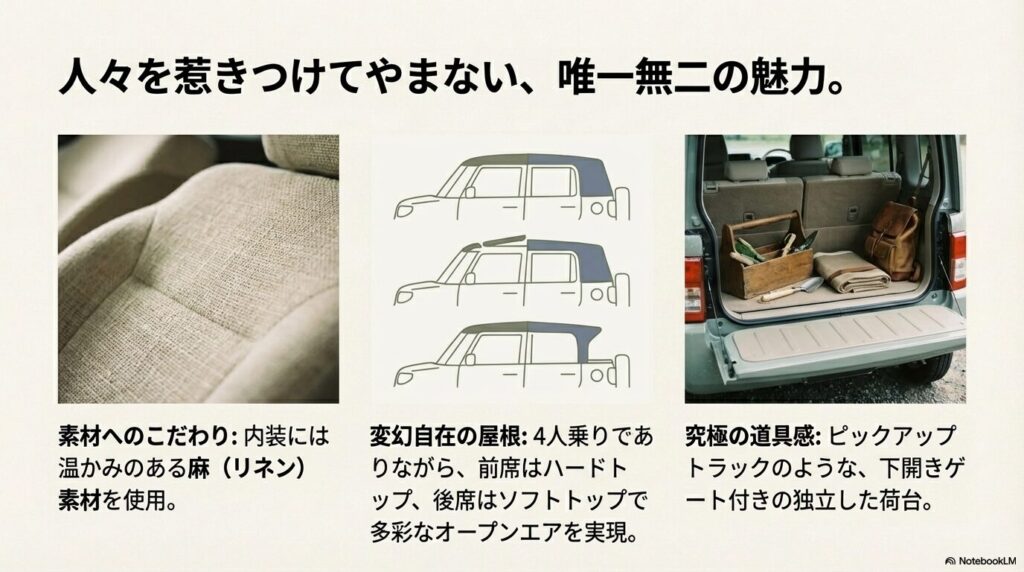 麻素材を使用した温かみのある内装や、ピックアップトラックのような下開きゲート付き荷台、オープンルーフの魅力を示すスライド。