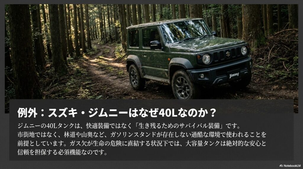 ジムニーの燃料タンク容量は、軽自動車としては異例の「40リットル」