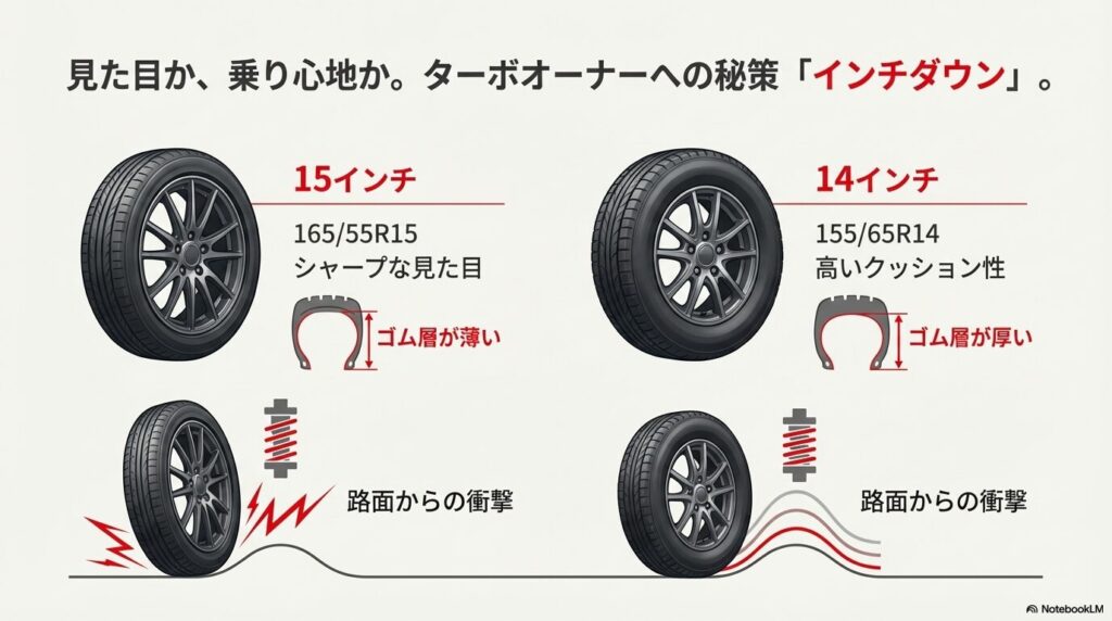 タイヤのゴム層が厚くなる14インチが路面からの衝撃を吸収しやすくなる仕組みの図解
