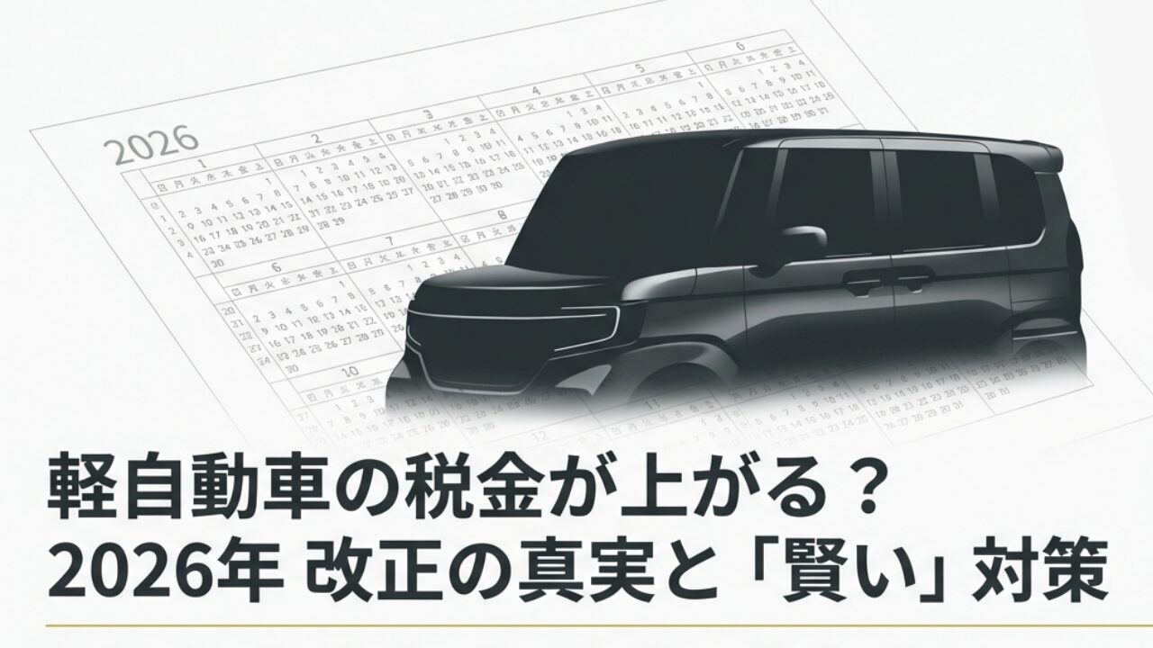 2026年軽自動車税制改正の真実と賢い対策を解説するスライドの表紙画像。カレンダーと軽自動車のシルエット