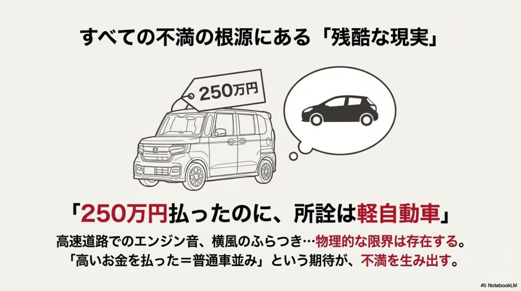 250万円という価格設定から「普通車並み」を期待することで生じる、エンジン音やふらつきへの不満の構造。