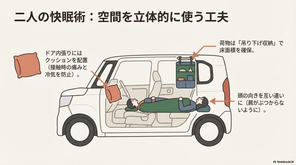 荷物の吊り下げ収納や頭の向きを互い違いにする2人就寝時の快眠テクニック