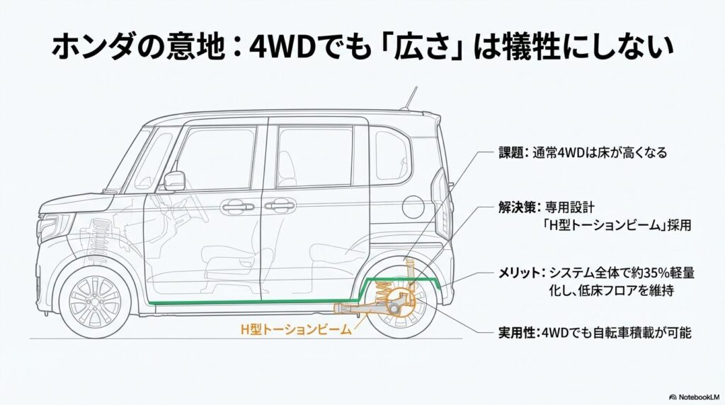低床フロアを維持するために採用された4WD専用設計「H型トーションビーム」のメリット