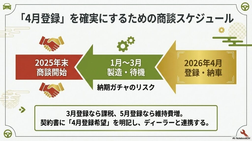 2025年末の商談開始から2026年4月の納車まで、納期ガチャを回避するためのスケジュール図。