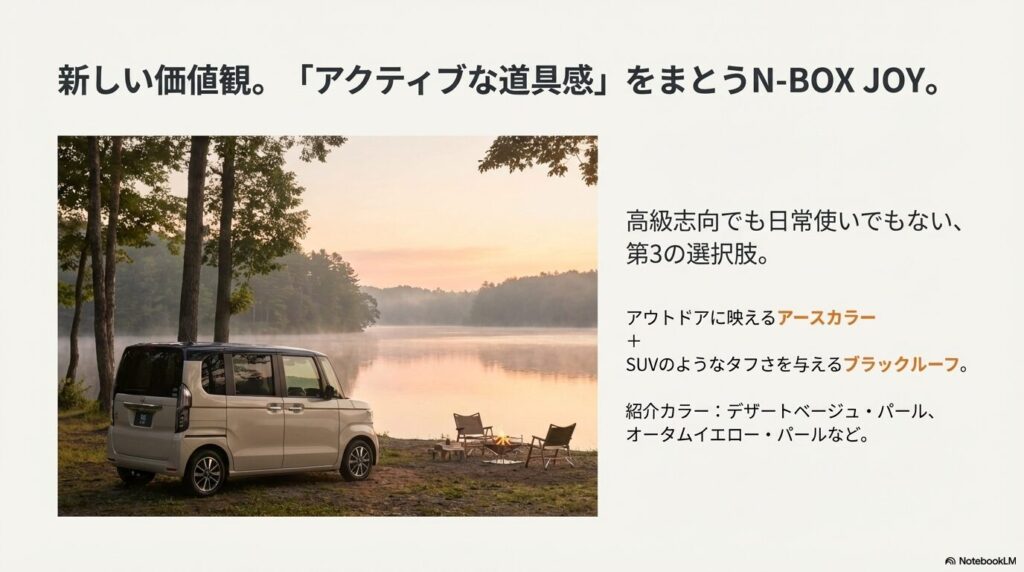 アウトドアに映えるアースカラーとタフさを演出するブラックルーフを組み合わせたN-BOX JOY