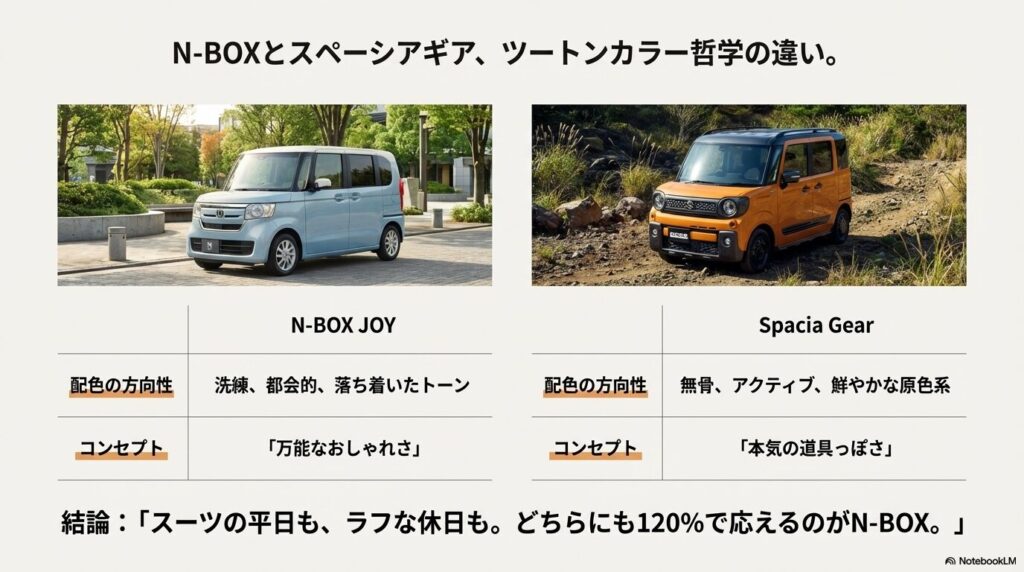 N-BOXの「洗練・都会的」とスペーシアギアの「無骨・タフ」のコンセプトを比較した図解