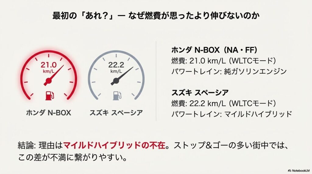 ホンダN-BOXとスズキスペーシアの燃費比較。N-BOXは21.0km/L、スペーシアは22.2km/Lでマイルドハイブリッドの有無が差になると説明する画像