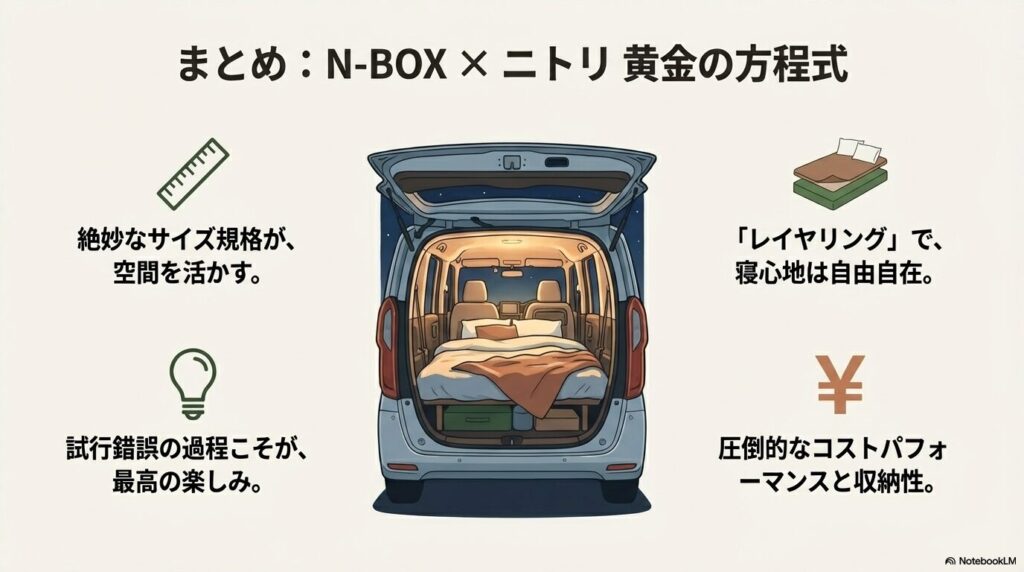絶妙なサイズ規格とコストパフォーマンスを両立したN-BOX車中泊のまとめスライド