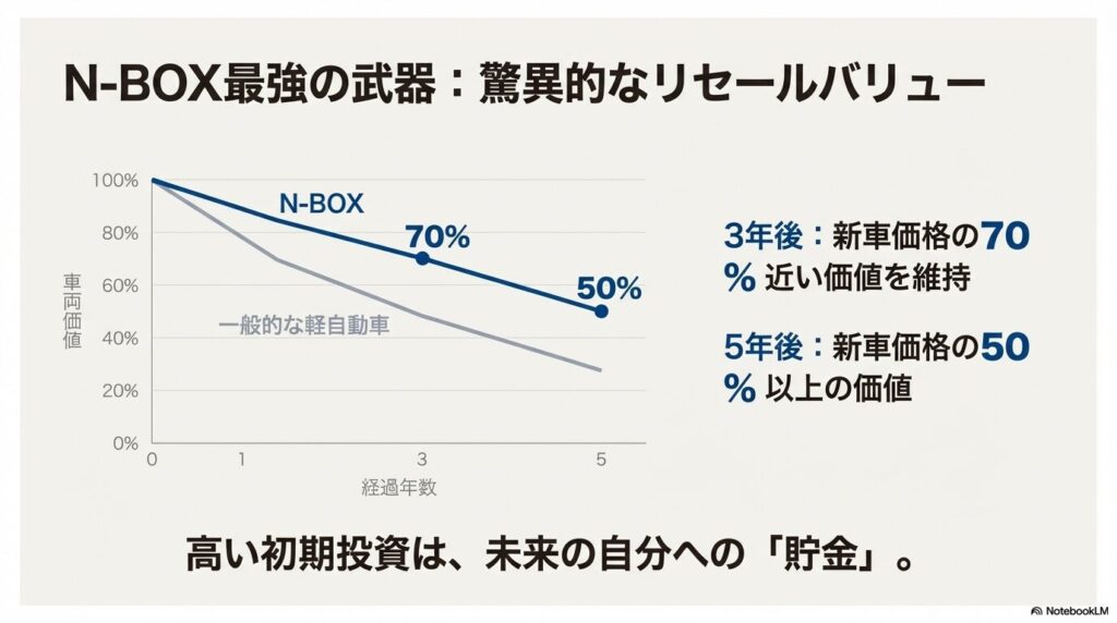 N-BOXの驚異的なリセールバリューを示すグラフ。3年後で約70%、5年後で約50%の価値を維持することを示す。