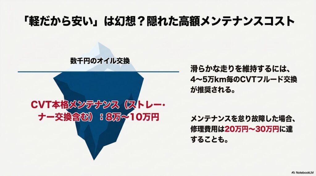 CVTの本格メンテナンスに8〜10万円、故障時の修理に20〜30万円かかるリスクを説明したスライド。