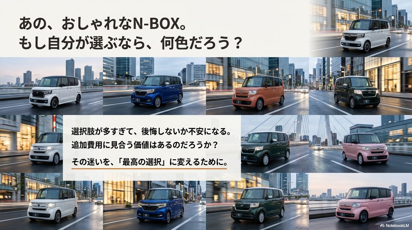 多くの選択肢から自分に合ったN-BOXのカラーを選ぶ際の悩みと期待を表現したイメージ