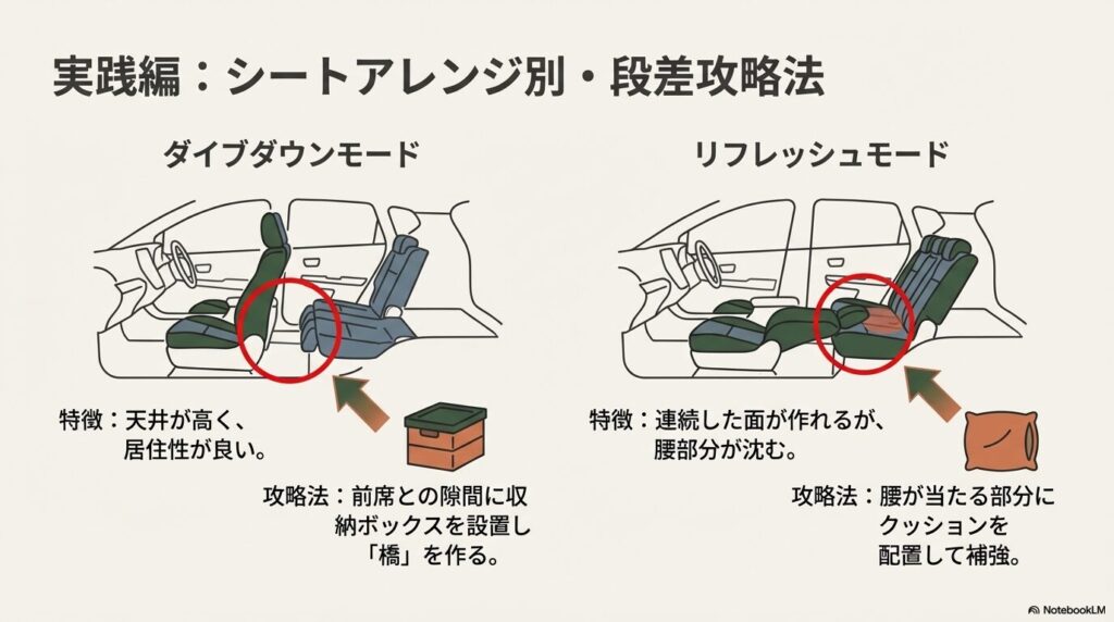 N-BOXの各シートアレンジにおける段差解消の具体的な対策図