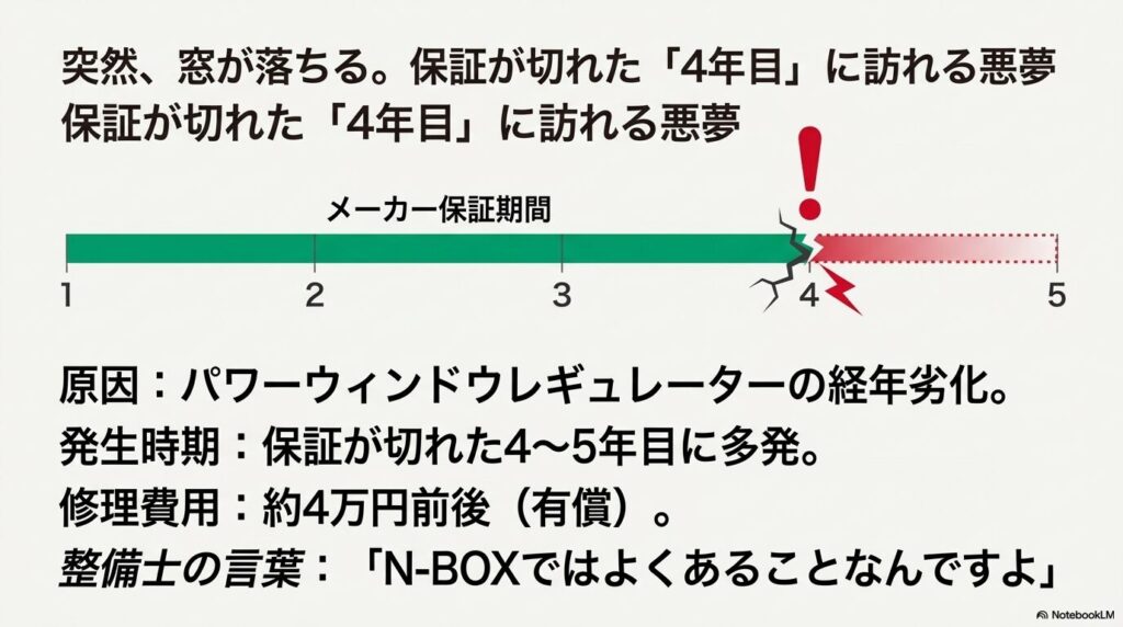 保証が切れた4〜5年目に多発する窓落ちトラブルの原因と約4万円の修理費用について解説する図解