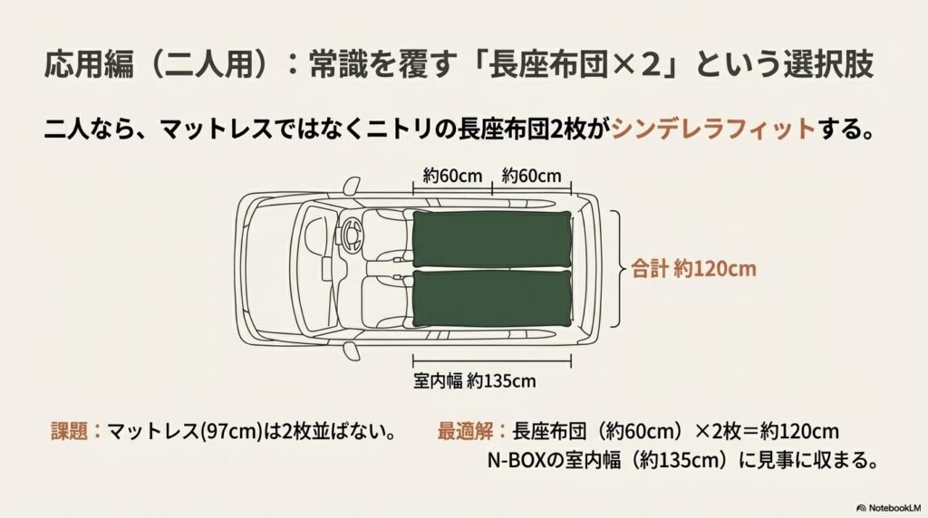 幅60cmの長座布団を2枚並べてN-BOXの室内幅135cmを有効活用するレイアウト図