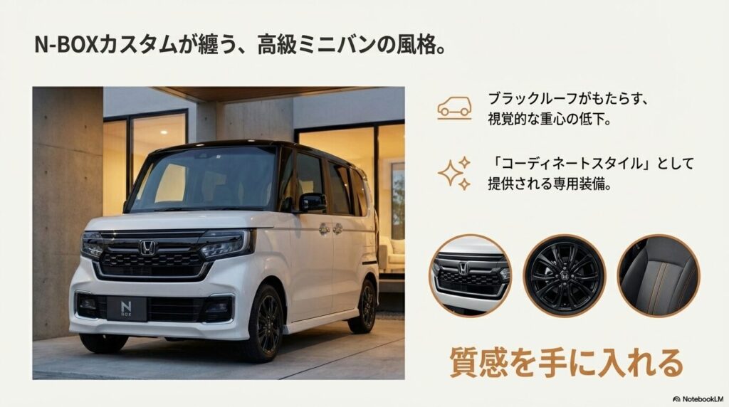 ブラックルーフにより視覚的な重心を下げ、高級ミニバンのような質感を実現したN-BOXカスタム